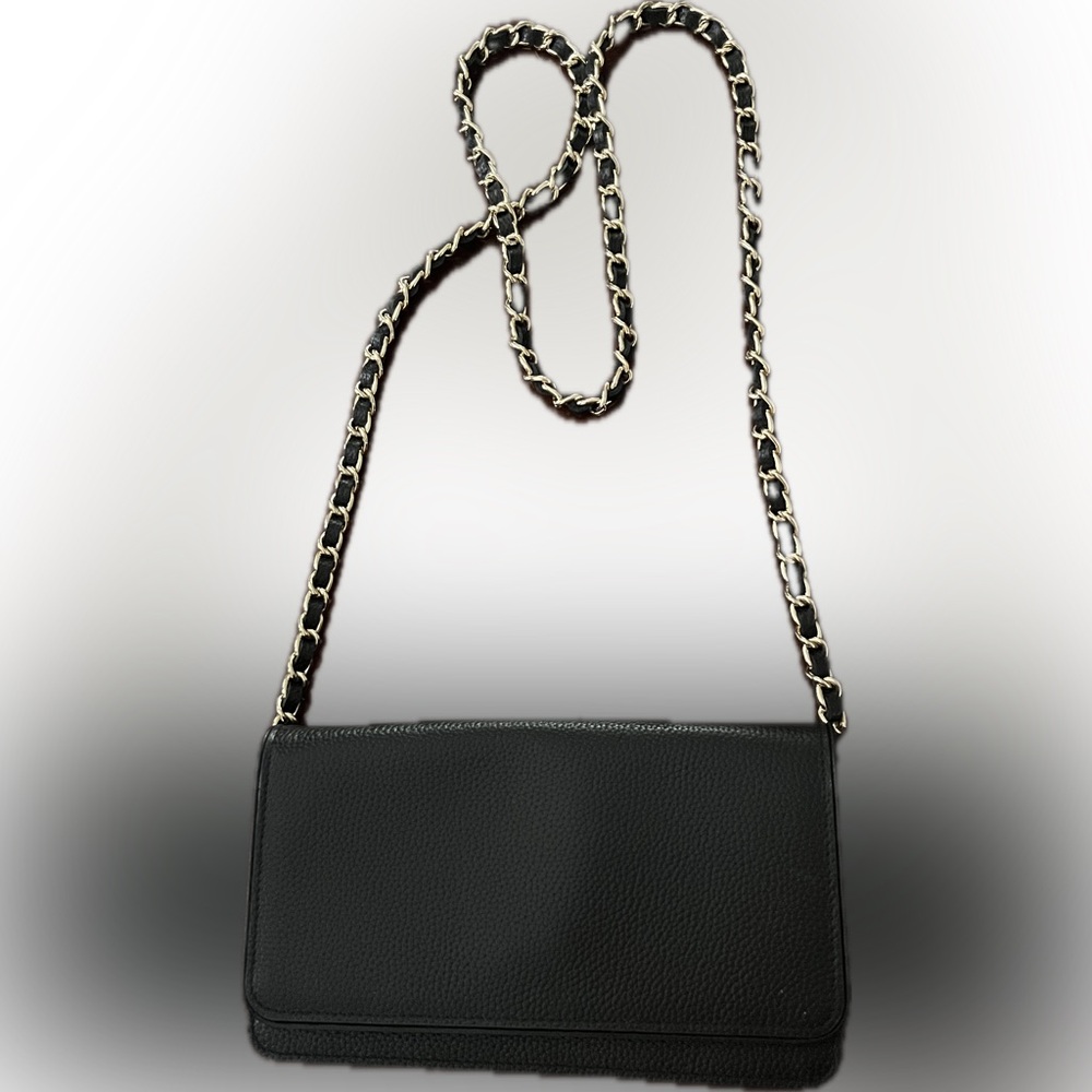 Black leather chain pochette crossbody bag